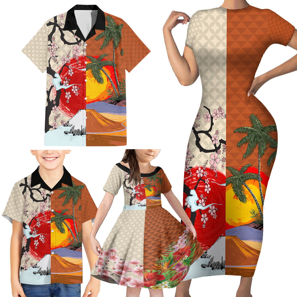 Japanese Culture Hawaii Style Family Matching Short Sleeve Bodycon Dress and Hawaiian Shirt Mauna Kea and Fuji Mountains LT03 - Polynesian Pride