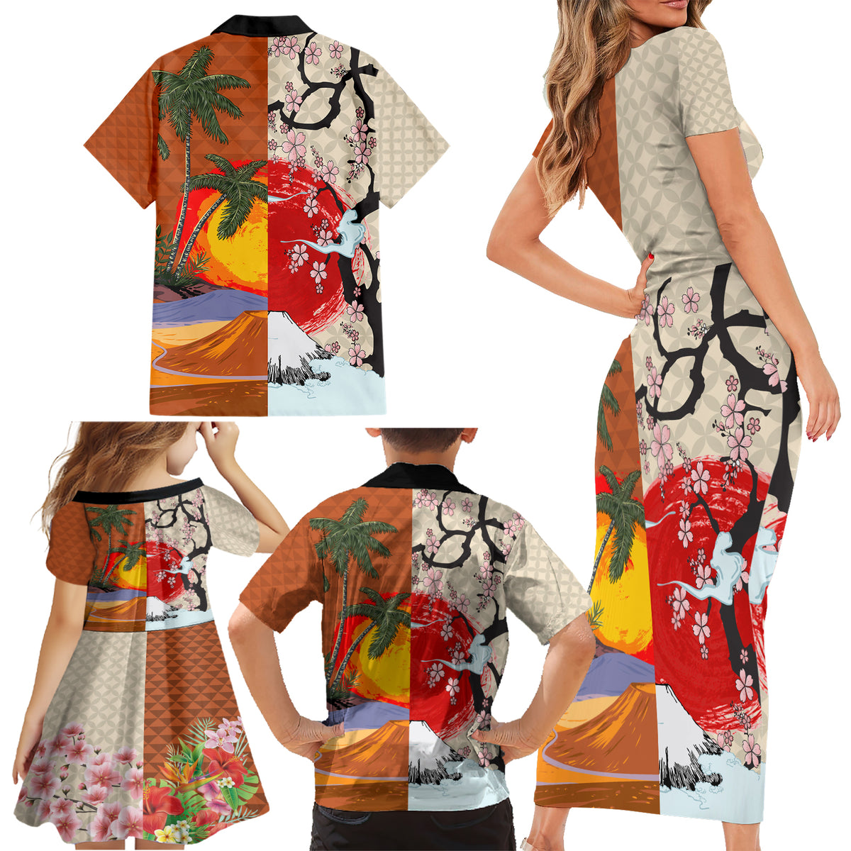 Japanese Culture Hawaii Style Family Matching Short Sleeve Bodycon Dress and Hawaiian Shirt Mauna Kea and Fuji Mountains LT03 - Polynesian Pride