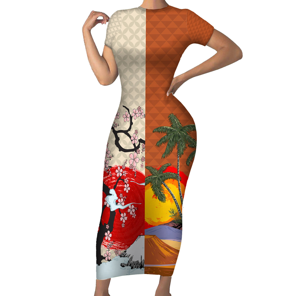 Japanese Culture Hawaii Style Family Matching Short Sleeve Bodycon Dress and Hawaiian Shirt Mauna Kea and Fuji Mountains LT03 Mom's Dress Brown - Polynesian Pride