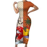 Japanese Culture Hawaii Style Family Matching Short Sleeve Bodycon Dress and Hawaiian Shirt Mauna Kea and Fuji Mountains LT03 Mom's Dress Brown - Polynesian Pride