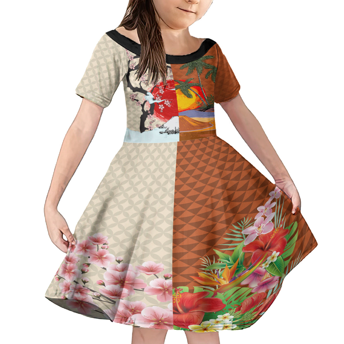 Japanese Culture Hawaii Style Family Matching Summer Maxi Dress and Hawaiian Shirt Mauna Kea and Fuji Mountains LT03 Daughter's Dress Brown - Polynesian Pride