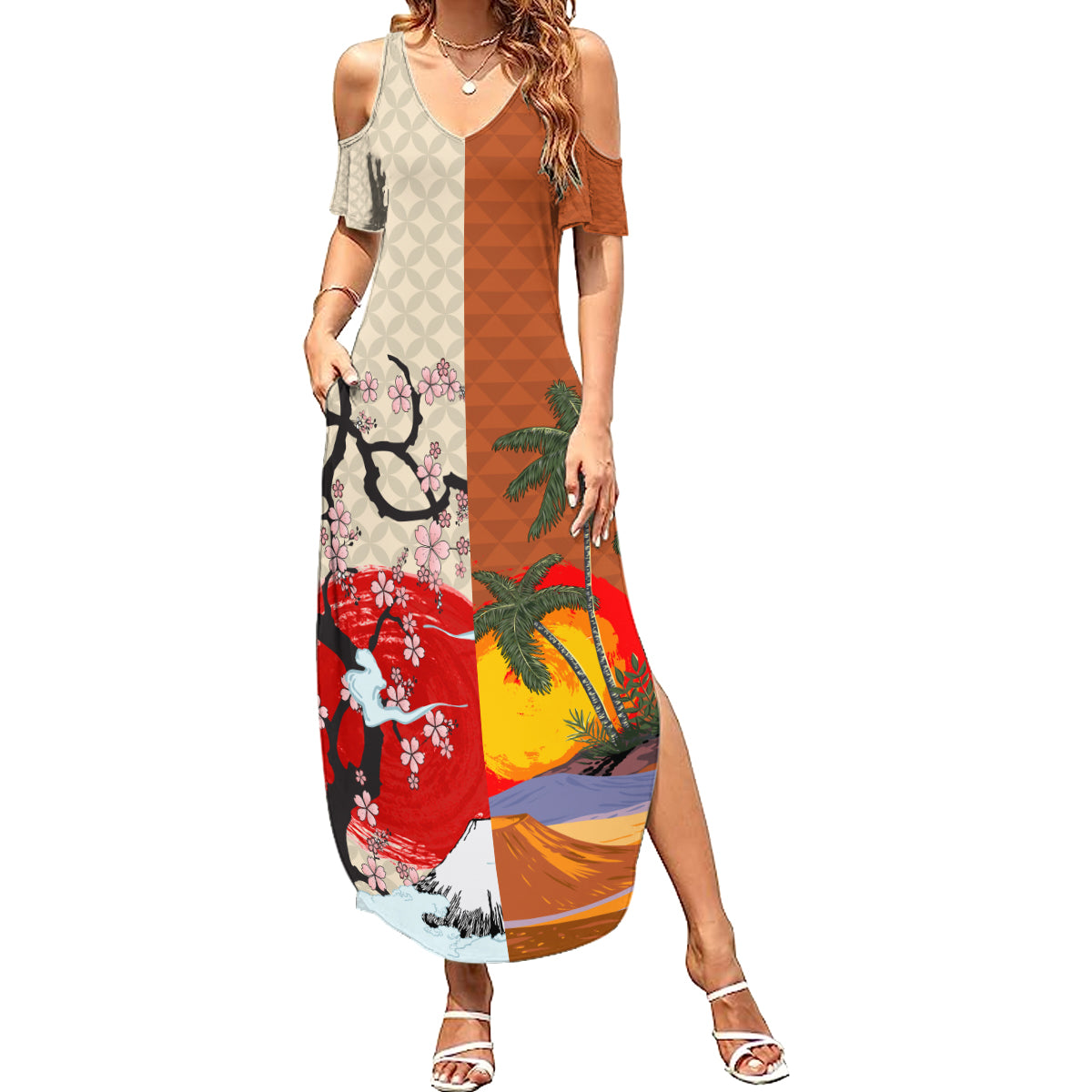 Japanese Culture Hawaii Style Family Matching Summer Maxi Dress and Hawaiian Shirt Mauna Kea and Fuji Mountains LT03 Mom's Dress Brown - Polynesian Pride