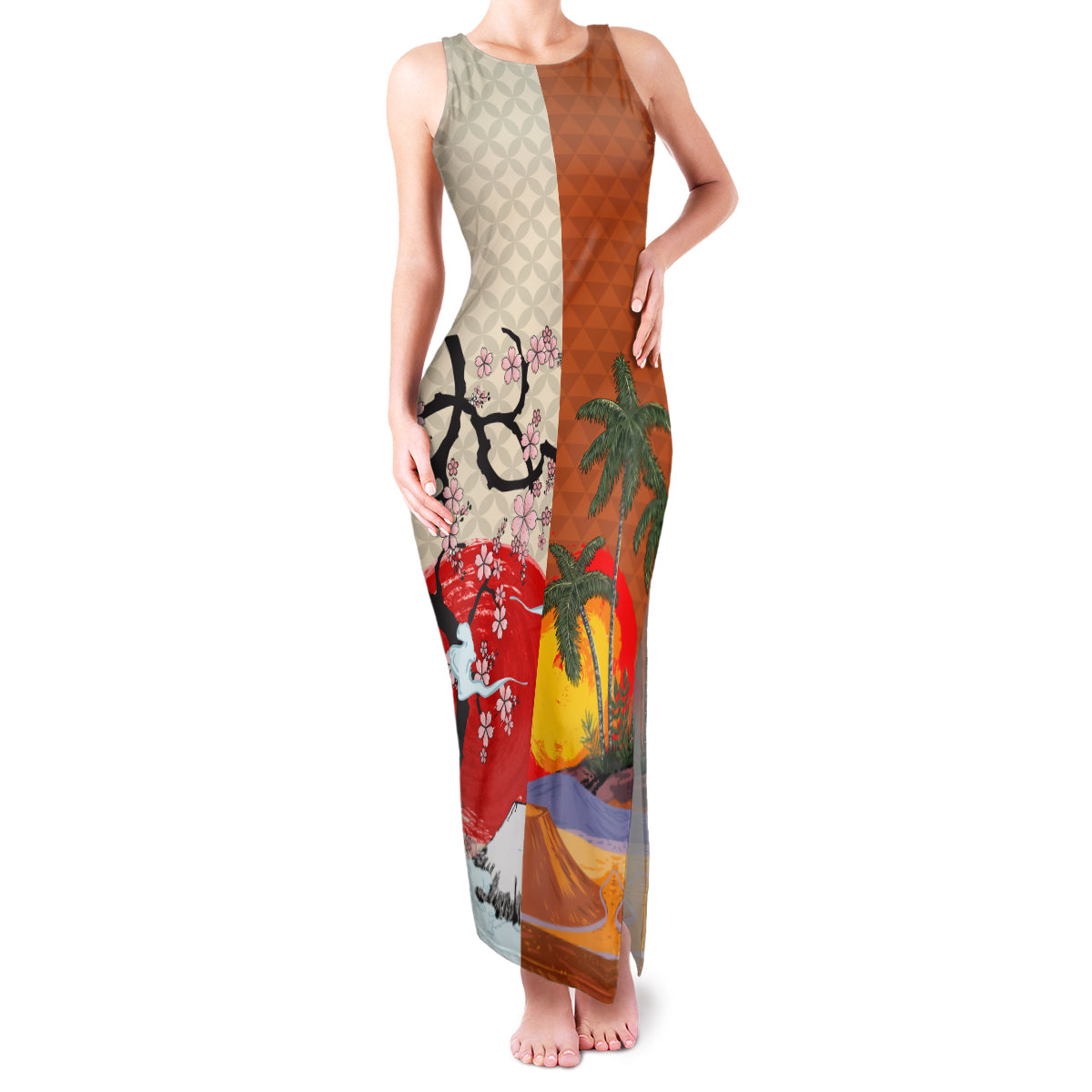 Japanese Culture Hawaii Style Family Matching Tank Maxi Dress and Hawaiian Shirt Mauna Kea and Fuji Mountains LT03 Mom's Dress Brown - Polynesian Pride