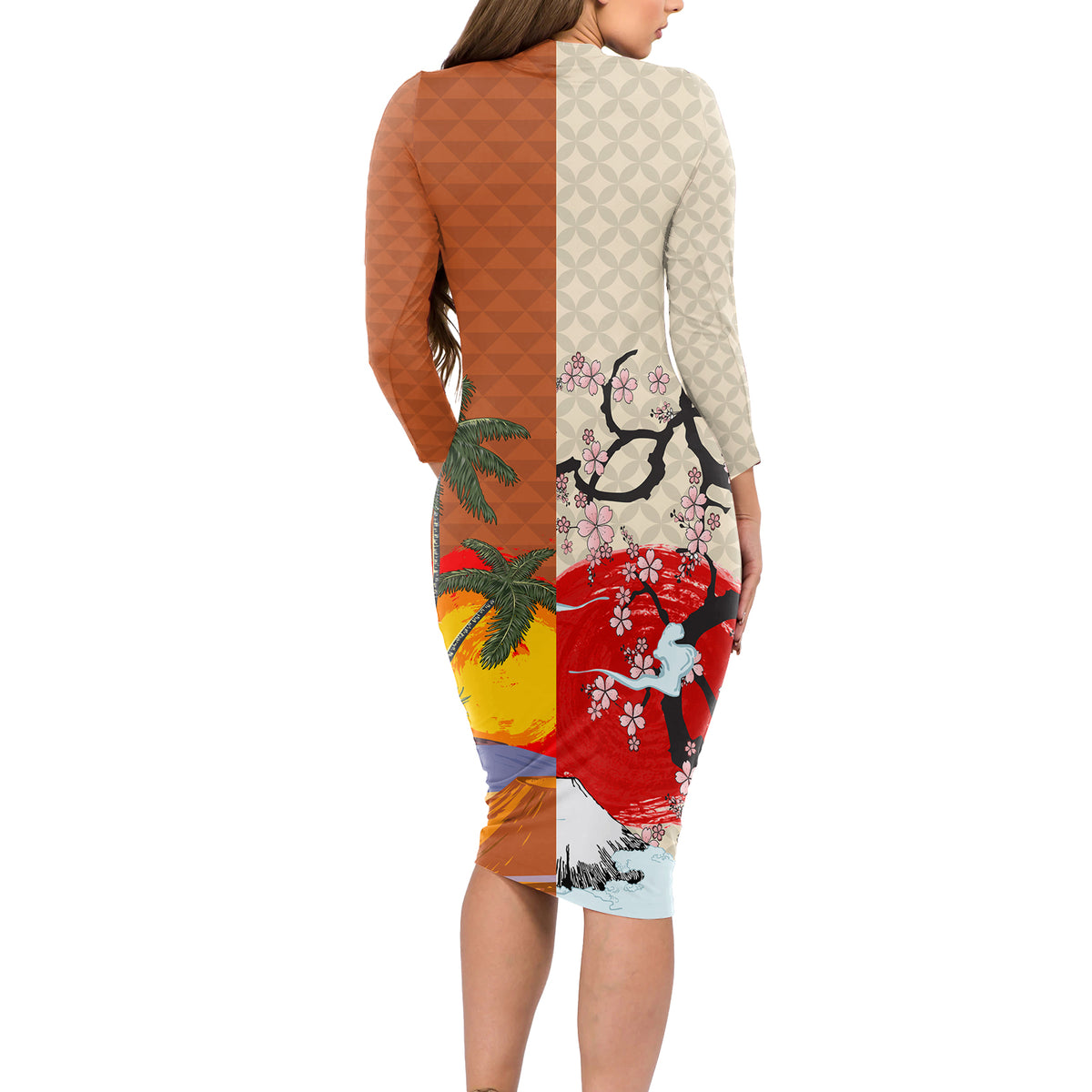 Pan-Pacific Festival Long Sleeve Bodycon Dress Mauna Kea and Fuji Mountains