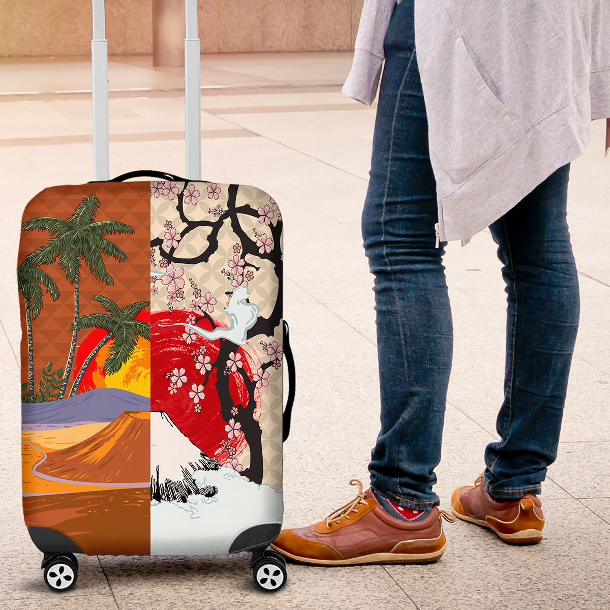Japanese Culture Hawaii Style Luggage Cover Mauna Kea and Fuji Mountains LT03 Brown - Polynesian Pride