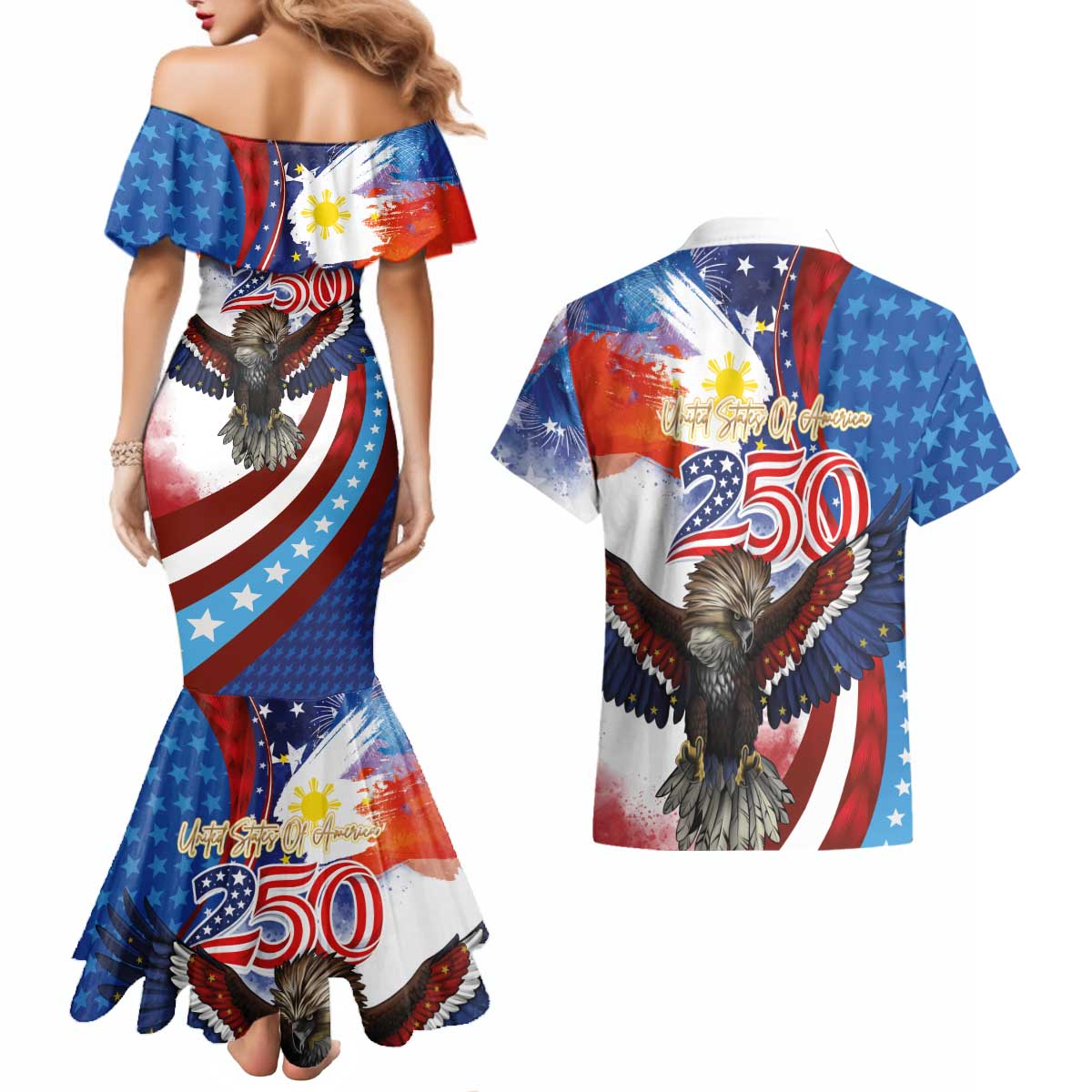 Philippines and United States Semiquincentennial Couples Matching Mermaid Dress and Hawaiian Shirt Eagle and National Flag Style LT03 - Polynesian Pride