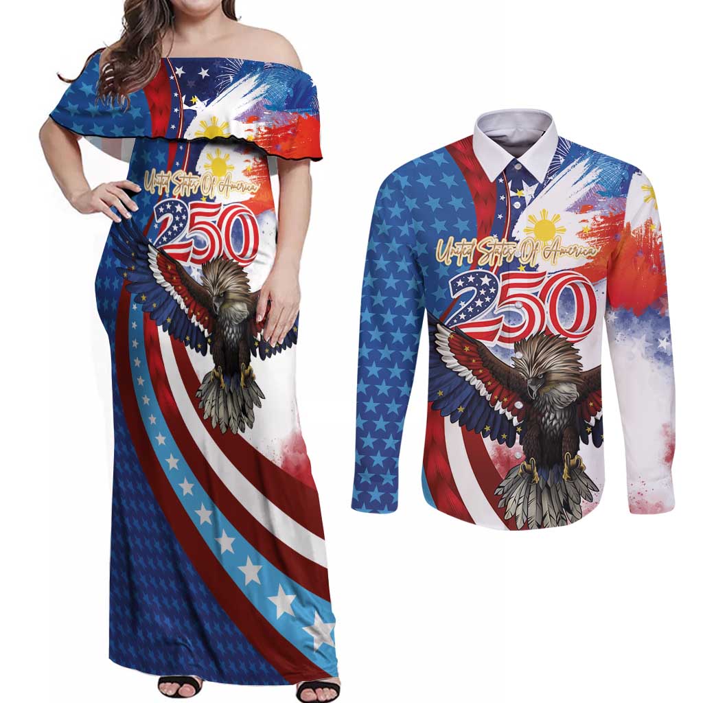 Philippines and United States Semiquincentennial Couples Matching Off Shoulder Maxi Dress and Long Sleeve Button Shirt Eagle and National Flag Style