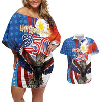 Philippines and United States Semiquincentennial Couples Matching Off Shoulder Short Dress and Hawaiian Shirt Eagle and National Flag Style