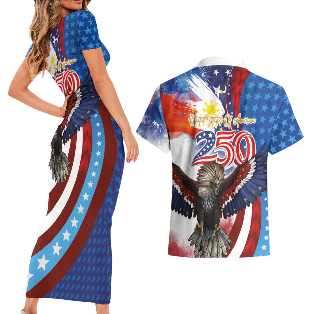 Philippines and United States Semiquincentennial Couples Matching Short Sleeve Bodycon Dress and Hawaiian Shirt Eagle and National Flag Style LT03 - Polynesian Pride
