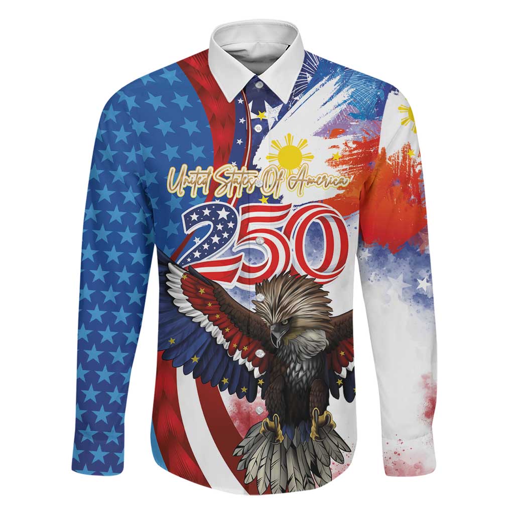 Philippines and United States Semiquincentennial Family Matching Off The Shoulder Long Sleeve Dress and Hawaiian Shirt Eagle and National Flag Style LT03 Dad's Shirt - Long Sleeve Multicolor - Polynesian Pride