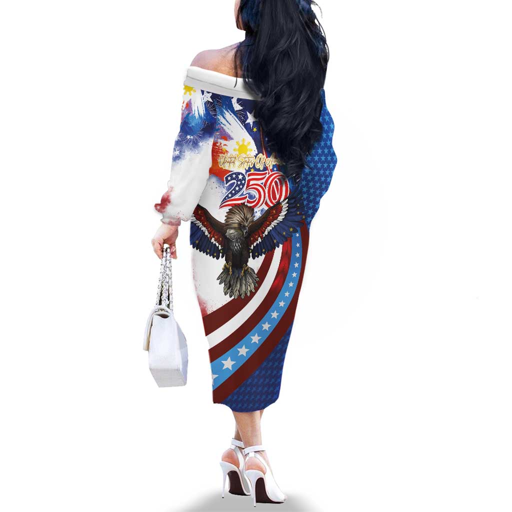 Philippines and United States Semiquincentennial Family Matching Off The Shoulder Long Sleeve Dress and Hawaiian Shirt Eagle and National Flag Style LT03 - Polynesian Pride