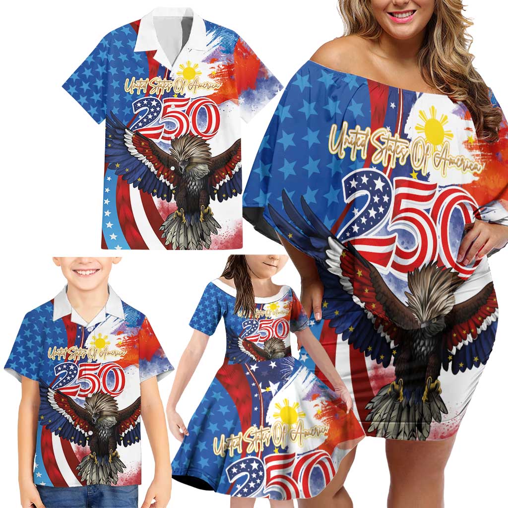 Philippines and United States Semiquincentennial Family Matching Off Shoulder Short Dress and Hawaiian Shirt Eagle and National Flag Style