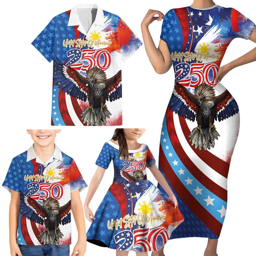 Philippines and United States Semiquincentennial Family Matching Short Sleeve Bodycon Dress and Hawaiian Shirt Eagle and National Flag Style