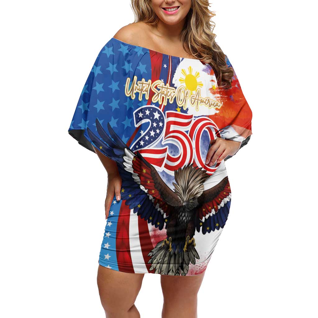 Philippines and United States Semiquincentennial Off Shoulder Short Dress Eagle and National Flag Style