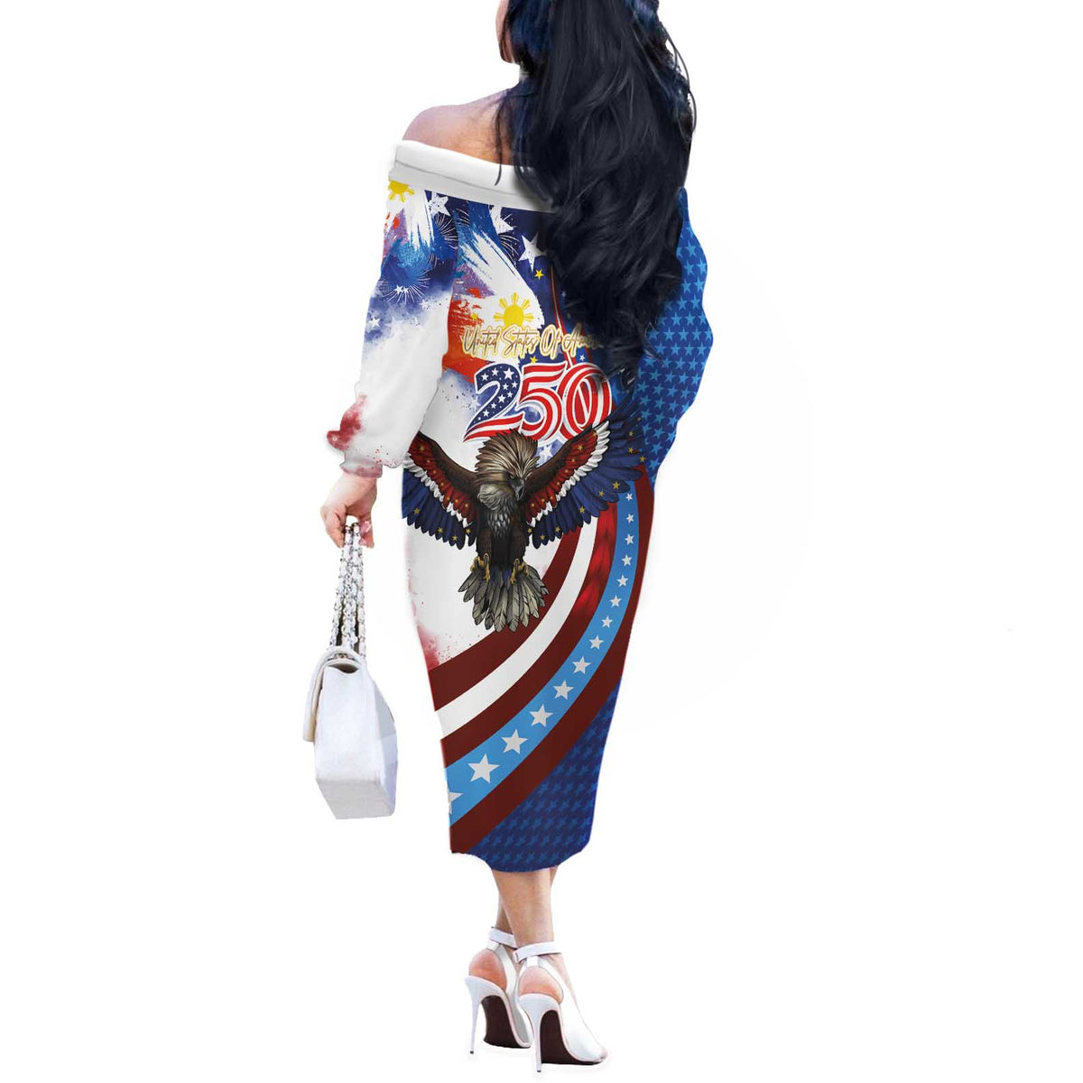 Philippines and United States Semiquincentennial Off The Shoulder Long Sleeve Dress Eagle and National Flag Style