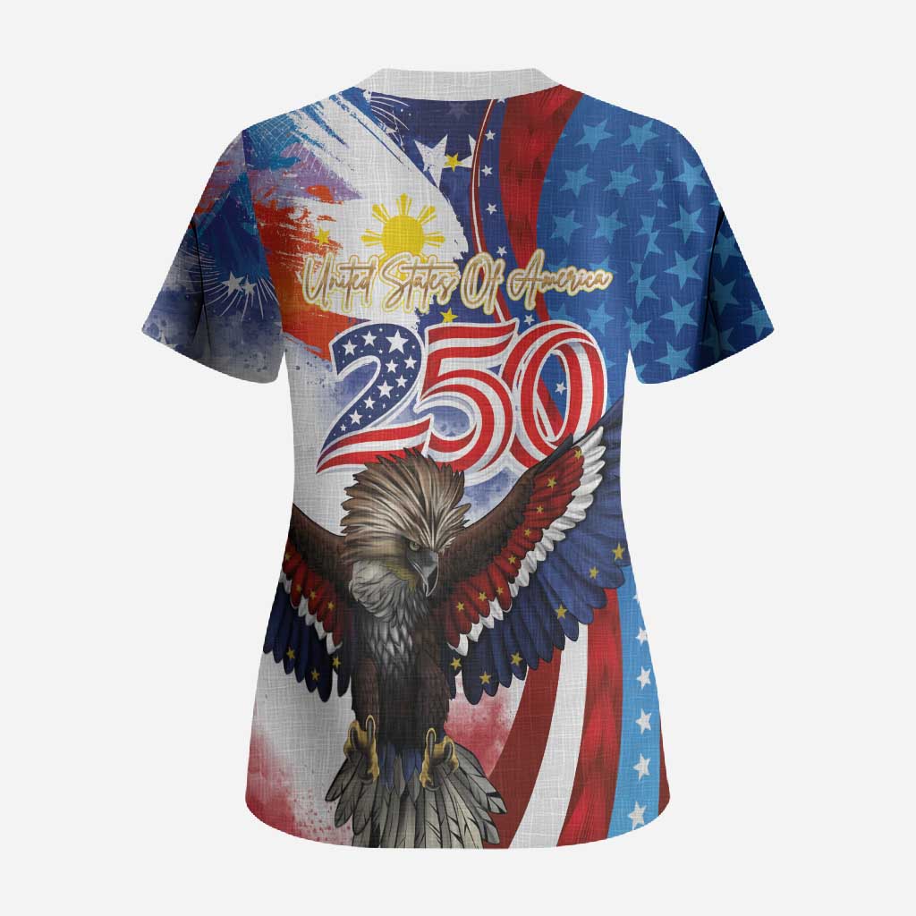Philippines and United States Semiquincentennial Scrub Top Eagle and National Flag Style