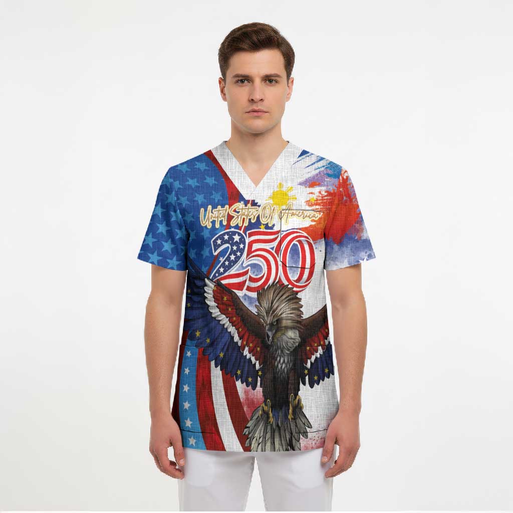Philippines and United States Semiquincentennial Scrub Top Eagle and National Flag Style