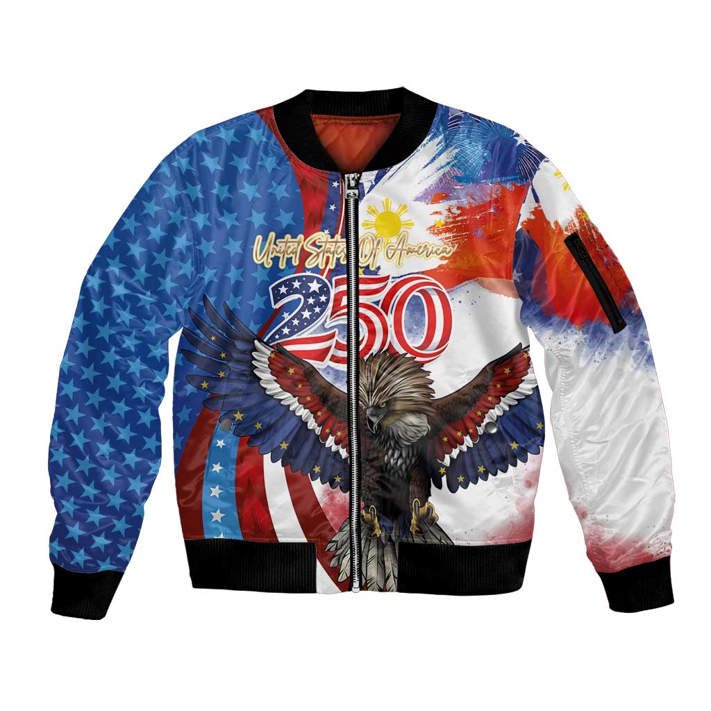 Philippines and United States Semiquincentennial Sleeve Zip Bomber Jacket Eagle and National Flag Style