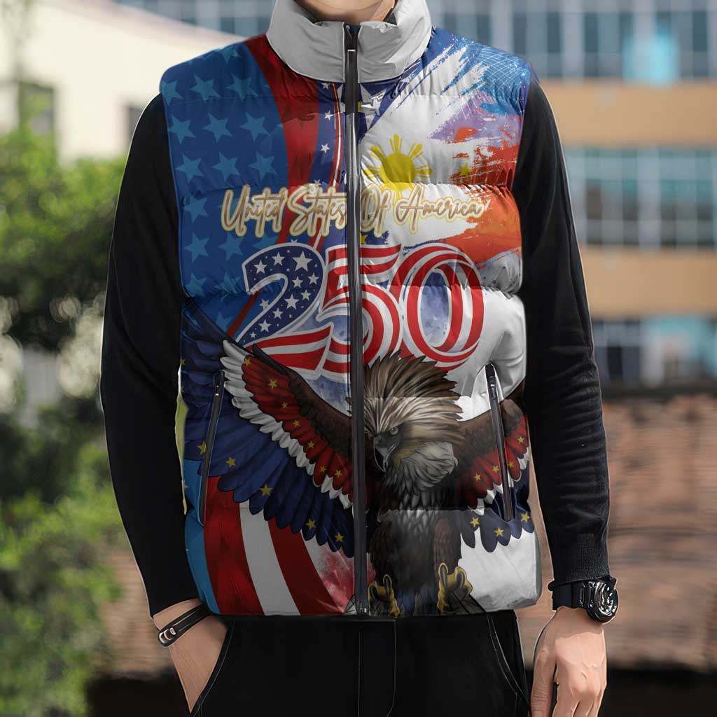 Philippines and United States Semiquincentennial Sleeveless Puffer Jacket Eagle and National Flag Style