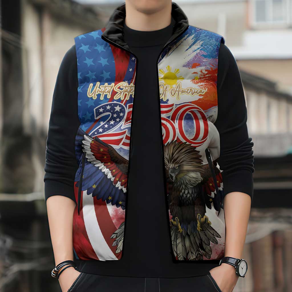 Philippines and United States Semiquincentennial Sleeveless Puffer Jacket Eagle and National Flag Style