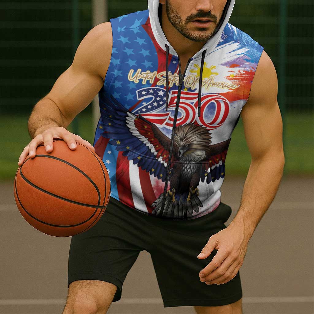 Philippines and United States Semiquincentennial Sleeveless Zip Hoodie Eagle and National Flag Style