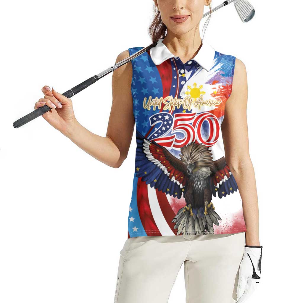 Philippines and United States Semiquincentennial Women Sleeveless Polo Shirt Eagle and National Flag Style