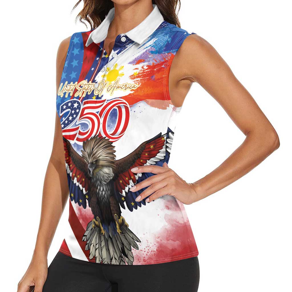 Philippines and United States Semiquincentennial Women Sleeveless Polo Shirt Eagle and National Flag Style