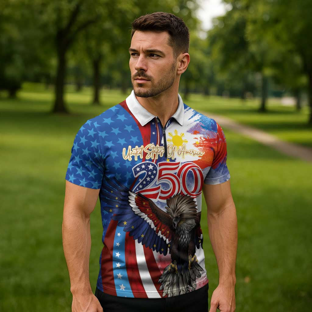 Philippines and United States Semiquincentennial Zipper Polo Shirt Eagle and National Flag Style