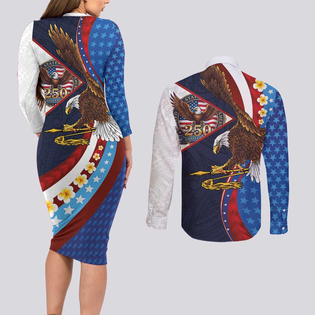 American Samoa and United States Semiquincentennial Couples Matching Long Sleeve Bodycon Dress and Long Sleeve Button Shirt Bald Eagle with National Flag Style
