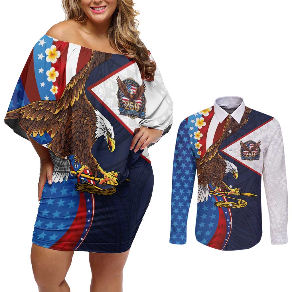 American Samoa and United States Semiquincentennial Couples Matching Off Shoulder Short Dress and Long Sleeve Button Shirt Bald Eagle with National Flag Style