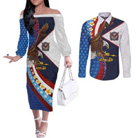 American Samoa and United States Semiquincentennial Couples Matching Off The Shoulder Long Sleeve Dress and Long Sleeve Button Shirt Bald Eagle with National Flag Style