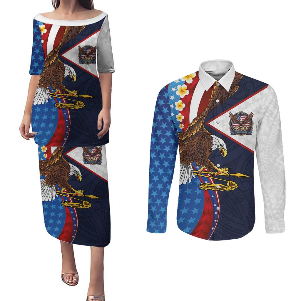 American Samoa and United States Semiquincentennial Couples Matching Puletasi and Long Sleeve Button Shirt Bald Eagle with National Flag Style