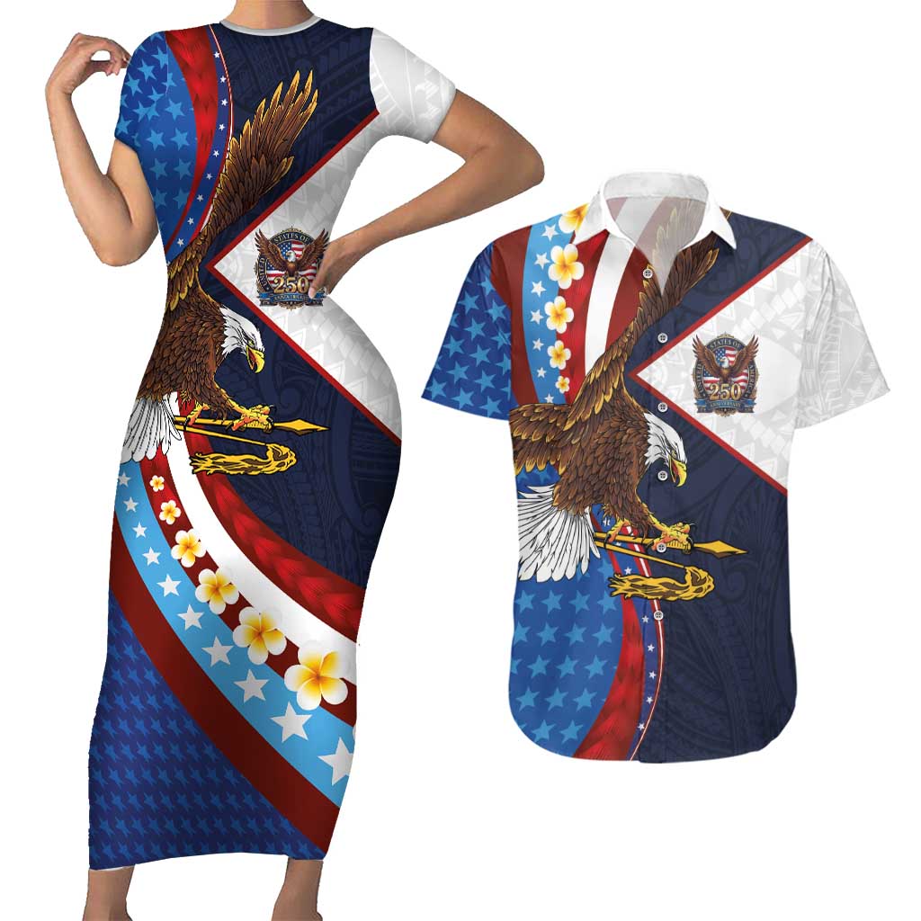 American Samoa and United States Semiquincentennial Couples Matching Short Sleeve Bodycon Dress and Hawaiian Shirt Bald Eagle with National Flag Style LT03 Multicolor - Polynesian Pride