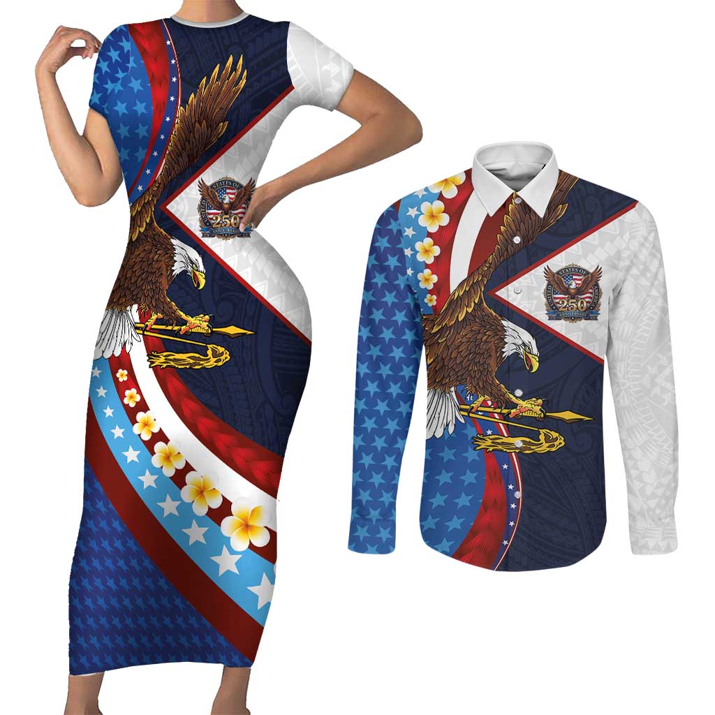 American Samoa and United States Semiquincentennial Couples Matching Short Sleeve Bodycon Dress and Long Sleeve Button Shirt Bald Eagle with National Flag Style