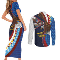 American Samoa and United States Semiquincentennial Couples Matching Short Sleeve Bodycon Dress and Long Sleeve Button Shirt Bald Eagle with National Flag Style