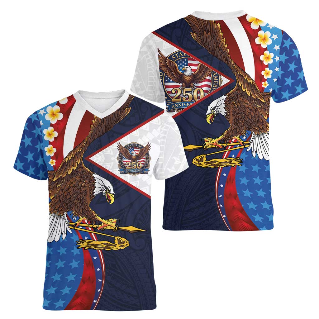American Samoa and United States Semiquincentennial Women V-Neck T-Shirt Bald Eagle with National Flag Style