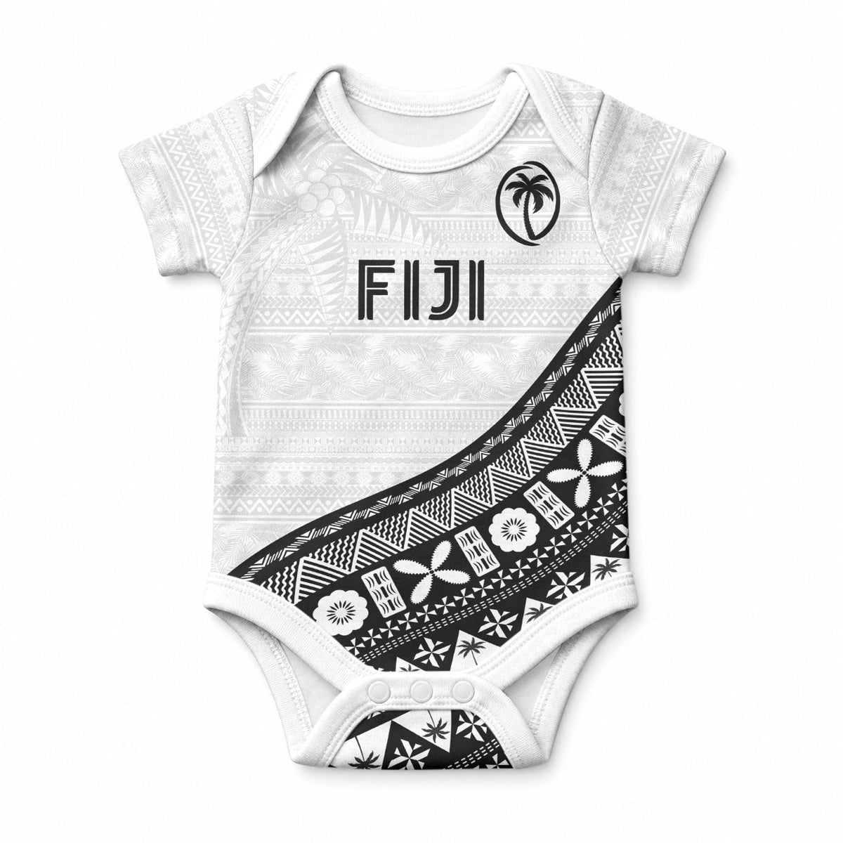 Custom Fijian Rugby Baby Onesie Tapa Pattern and Palm Tree Tribal LT03 White - Polynesian Pride
