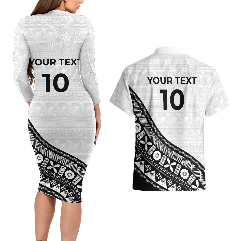 Custom Fijian Rugby Couples Matching Long Sleeve Bodycon Dress and Hawaiian Shirt Tapa Pattern and Palm Tree Tribal