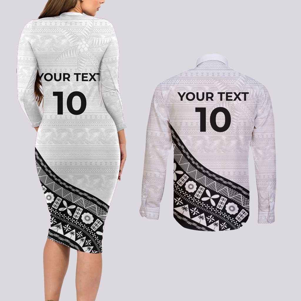 Custom Fijian Rugby Couples Matching Long Sleeve Bodycon Dress and Long Sleeve Button Shirt Tapa Pattern and Palm Tree Tribal