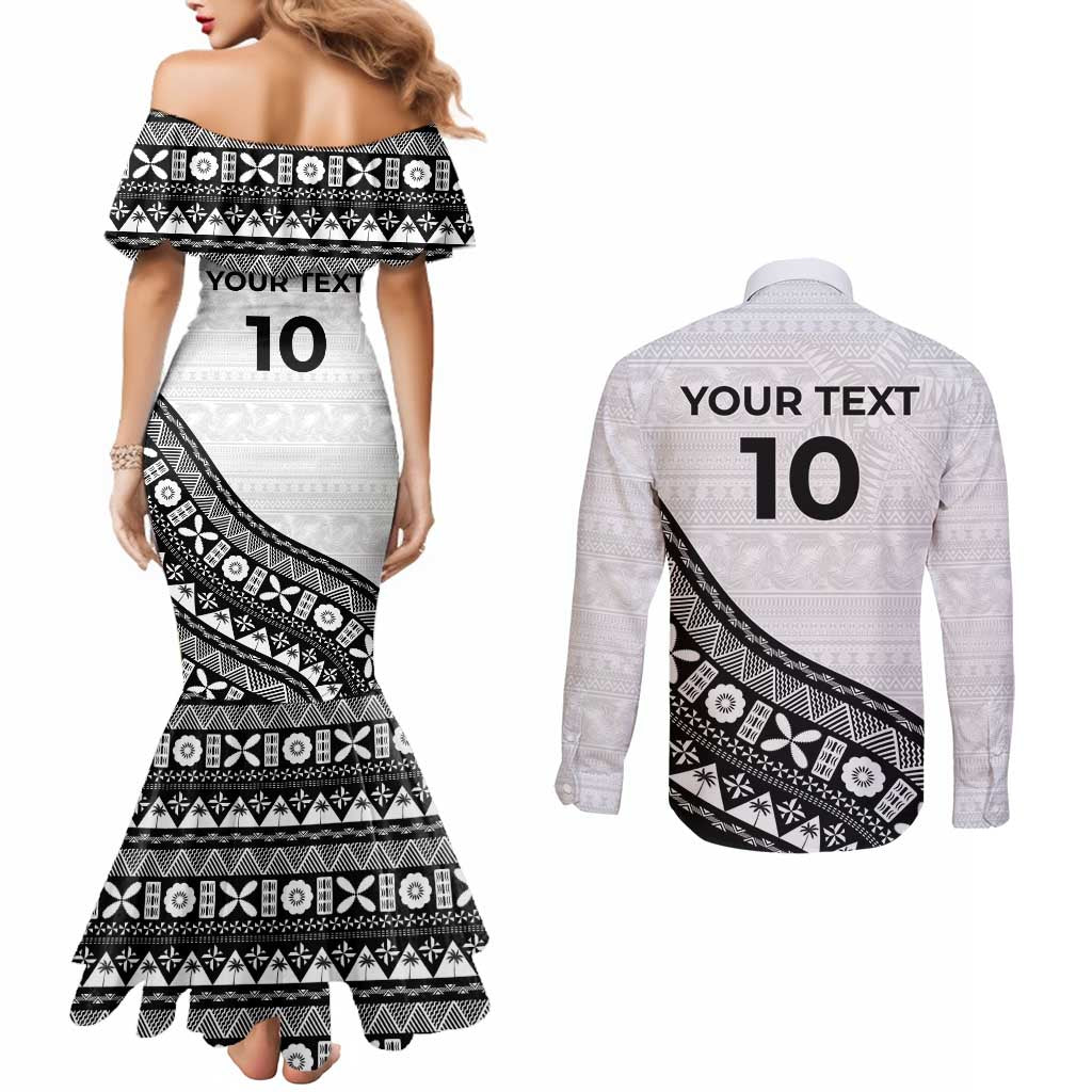 Custom Fijian Rugby Couples Matching Mermaid Dress and Long Sleeve Button Shirt Tapa Pattern and Palm Tree Tribal