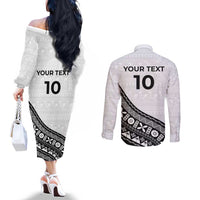Custom Fijian Rugby Couples Matching Off The Shoulder Long Sleeve Dress and Long Sleeve Button Shirt Tapa Pattern and Palm Tree Tribal