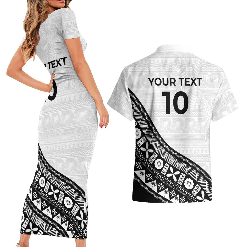 Custom Fijian Rugby Couples Matching Short Sleeve Bodycon Dress and Hawaiian Shirt Tapa Pattern and Palm Tree Tribal