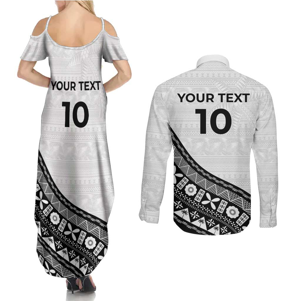 Custom Fijian Rugby Couples Matching Summer Maxi Dress and Long Sleeve Button Shirt Tapa Pattern and Palm Tree Tribal