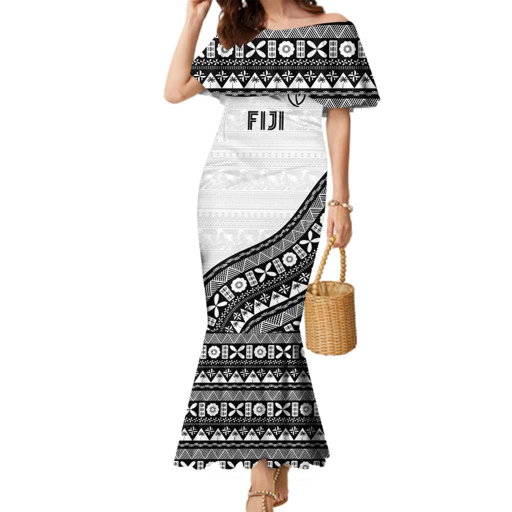 Custom Fijian Rugby Family Matching Mermaid Dress and Hawaiian Shirt Tapa Pattern and Palm Tree Tribal LT03 Mom's Dress White - Polynesian Pride