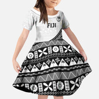 Custom Fijian Rugby Family Matching Off The Shoulder Long Sleeve Dress and Hawaiian Shirt Tapa Pattern and Palm Tree Tribal LT03 Daughter's Dress White - Polynesian Pride