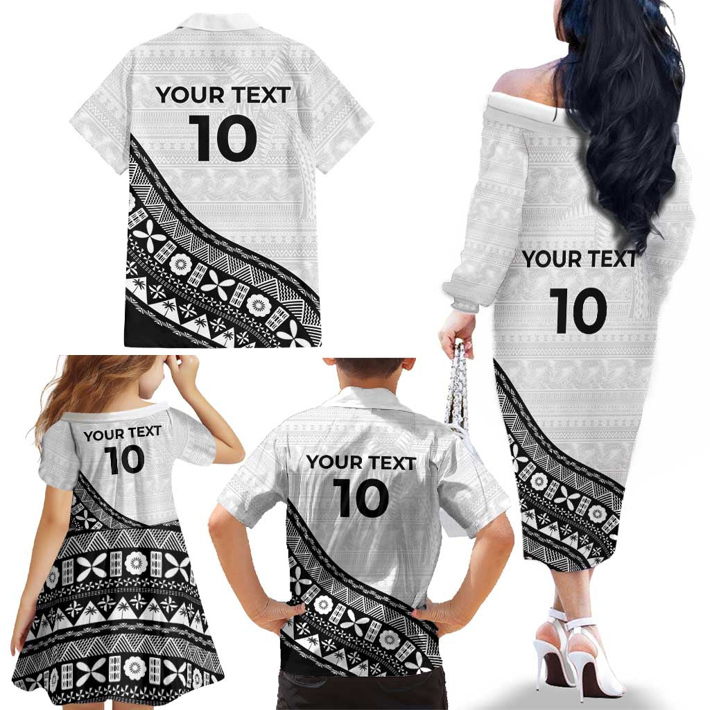Custom Fijian Rugby Family Matching Off The Shoulder Long Sleeve Dress and Hawaiian Shirt Tapa Pattern and Palm Tree Tribal LT03 - Polynesian Pride