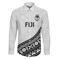 Custom Fijian Rugby Family Matching Off The Shoulder Long Sleeve Dress and Hawaiian Shirt Tapa Pattern and Palm Tree Tribal LT03 Dad's Shirt - Long Sleeve White - Polynesian Pride