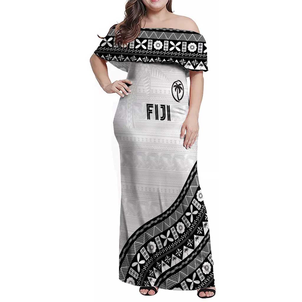 Custom Fijian Rugby Family Matching Off Shoulder Maxi Dress and Hawaiian Shirt Tapa Pattern and Palm Tree Tribal LT03 Mom's Dress White - Polynesian Pride