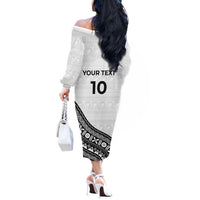 Custom Fijian Rugby Off The Shoulder Long Sleeve Dress Tapa Pattern and Palm Tree Tribal