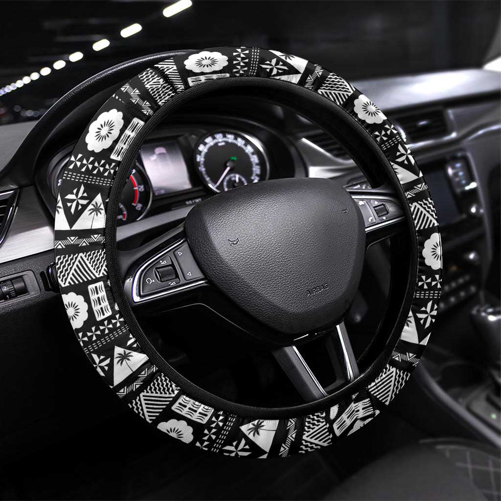 Fijian Rugby Steering Wheel Cover Tapa Pattern and Palm Tree Tribal